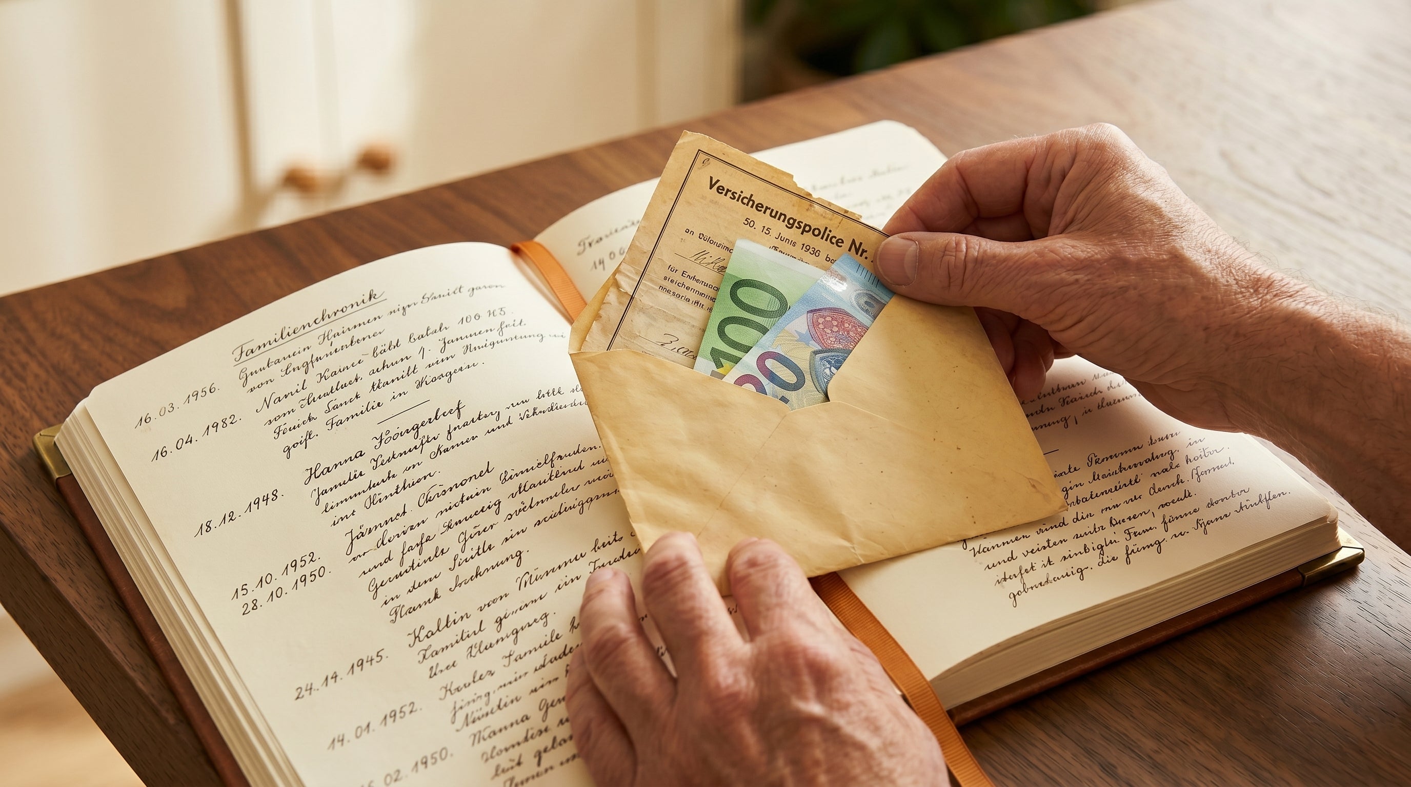 Vergilbter Umschlag aus den Seiten der Familienchronik gehoben